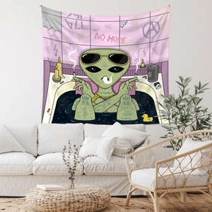 Detail of wall tapestry featuring alien in bathtub with graffiti and modern room decor