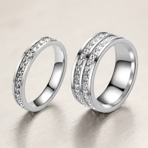 Polished titanium steel ring featuring double row square-cut crystals and silver plating