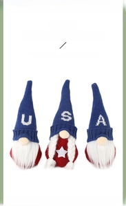 Detailed view of three Fourth of July gnomes with USA letters and patriotic stars