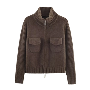 Women's dark brown knitted cardigan jacket with double zipper and cargo pockets