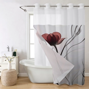 Close-up of waterproof shower curtain with red tulip prints and silver metal eyelets
