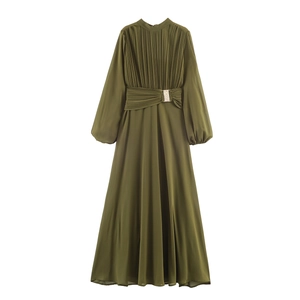 Elegant Army Green Chiffon Maxi Dress Pleated Long Lantern Sleeve High Waist A-Line Party Gown With Rhinestone Buckle Belt