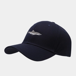 Navy blue cotton baseball cap with shark embroidery and curved brim for casual wear