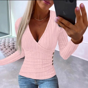 Pink long sleeve V-neck ribbed knit top with side decorative buttons for casual women wear