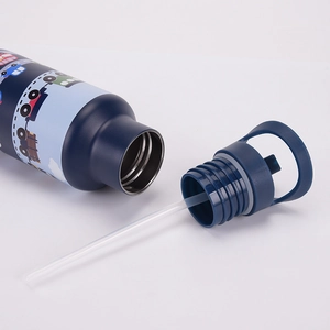 Detail view of the deep blue kids' water bottle with car patterns and flexible straw