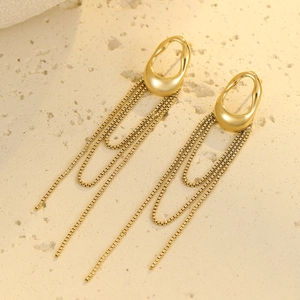 Golden stainless steel geometric earrings with multi-layer tassel chains on stone surface