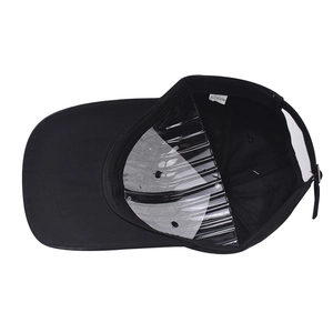 Detail of black washed cotton baseball cap with inner support and metal buckle