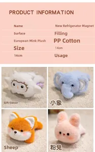 Macro detail of plush elephant, rabbit and fox magnets with soft mink fleece texture