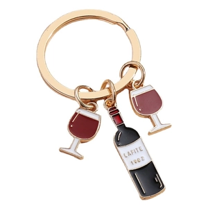 Creative gold metal red wine bottle and glass keychain with red enamel drip finish