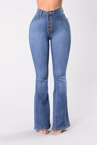 Detail of high waisted flared denim jeans featuring a five-button metal fly closure