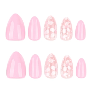 Set d'ongles amande roses avec motifs floraux blancs et finition brillante chic