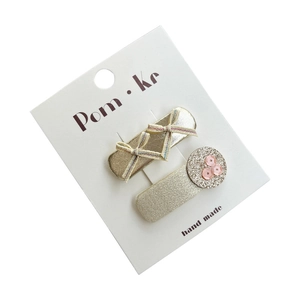Gold fabric bow hair clips and glitter sequins hairpins for kids on white card