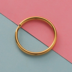 Macro detail of a 25mm golden stainless steel key ring on a colorful background