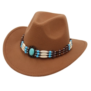 Brown western wool felt cowboy hat with turquoise beads and ethnic style details