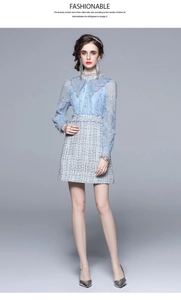 Detail of light blue lace top with pearl beads and tweed skirt two-piece dress set