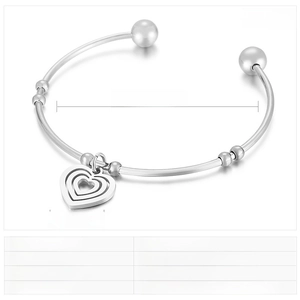 Detailed size chart for stainless steel heart charm bangle with 62x2mm inner diameter