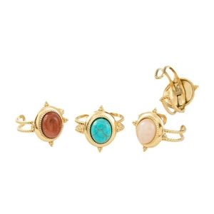 Vintage gold stainless steel rings with oval turquoise and gemstones, adjustable open band