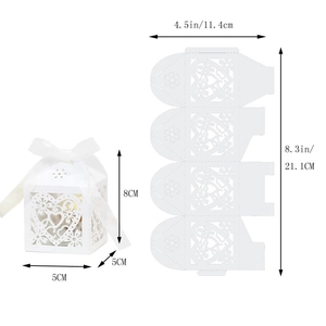 Detailed size chart for laser-cut heart wedding favor boxes in white cardstock