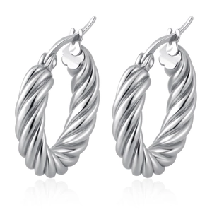 Polished silver stainless steel twisted hoop earrings with elegant rope texture