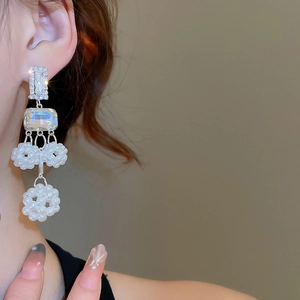 Detail of crystal drop earrings with pearl cluster and silver finish on model