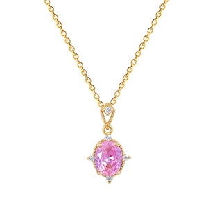 Pink oval crystal pendant necklace in gold-plated stainless steel with CZ halo accents