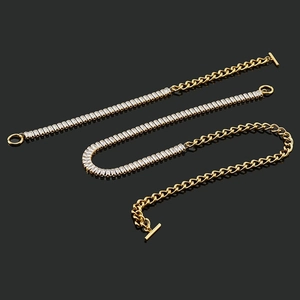 Gold titanium steel Cuban chain bracelet with rectangle crystals and OT toggle clasp