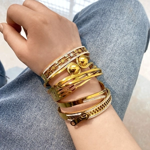 Stainless Steel Bangle Bracelet Women 18K Gold Plated Hollow Geometric Cubic Zirconia Vintage Ins Style Waterproof