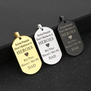 Polished stainless steel DAD dog tag pendants in gold, silver, and black finishes