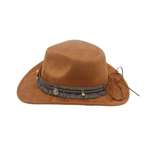 Brown felt cowboy hat with bohemian braided band, colorful beads and gray tassel