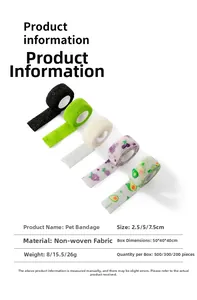 Detail view of colorful non-woven elastic pet bandages in various patterns and sizes