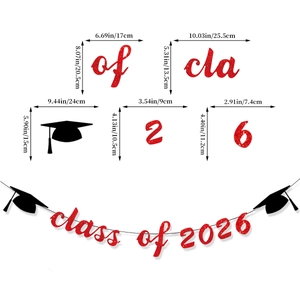 Detailed dimensions of Class of 2026 red glitter banner with black graduation cap icons