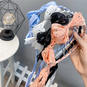 Sweet Fabric Bow Headband With Long Ribbons Floral Polka Dot Pattern Fairy Style Hair Hoop For Women
