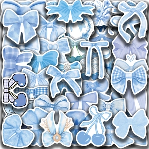 Detailed close-up showing a collection of blue waterproof PVC stickers with bow patterns