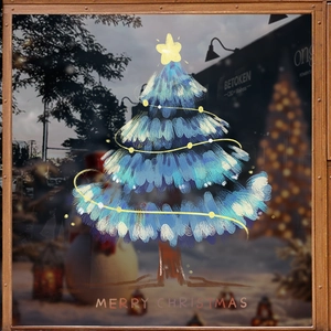 Christmas Tree Window Sticker Blue Static Cling PVC Double Sided Removable Glass Door Decal Holiday Party Decor