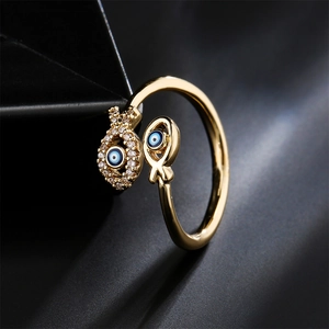 Gold-plated Evil Eye open ring featuring blue and white enamel inlay with zircon stones