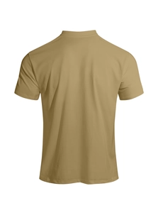 Rear view of a solid khaki cotton blend crewneck t-shirt highlighting clean back tailoring