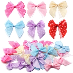 Colorful polka dot tulle ribbon hair bows set in red, purple, blue, yellow, and pink colors