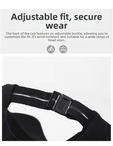 Close-up of adjustable elastic strap and plastic buckle on back of black sports cap
