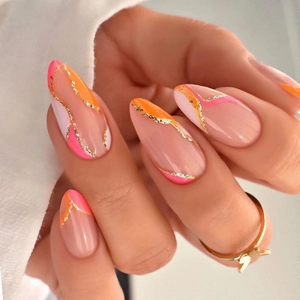 Press On Nails Almond Shape Long Nude Pink Neon Orange Wave Patterns Glitter Gold Lines ABS Resin Glossy Finish DIY Manicure For Women