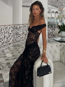 Sexy black lace off-shoulder bodysuit and sheer split maxi skirt set for women