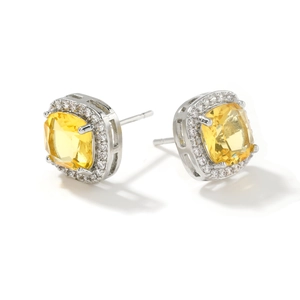 Mens square cushion-cut yellow zircon halo stud earrings in polished silver finish
