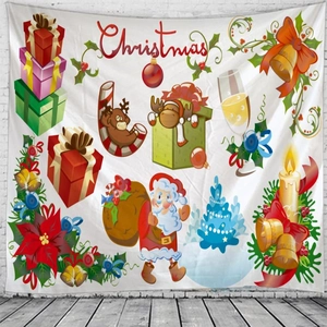 Détail de la tapisserie de Noël en polyester léger avec Père Noël et cadeaux
