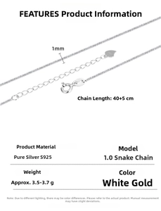 Detail of 925 sterling silver 1.0mm snake chain showing S925 stamp and spring clasp