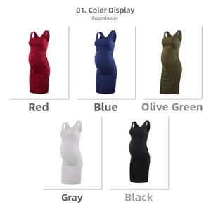 Detail showing side ruching on maternity bodycon dress in five diverse color options