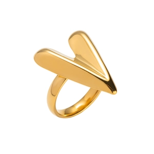 Close-up of a polished gold heart-shaped V-design stainless steel open ring on white background