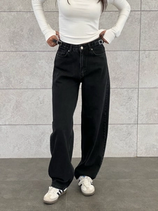Damen Schwarz High Waist Denim Jeans Baumwolle Elastischer Bund Gerade Micro Flare Bodenlang Retro Amerikanische Streetwear