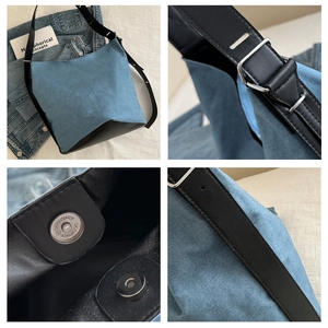 Makro-Details der Canvas-Beuteltasche mit Leder-Nähten und Metallschnallen-Anpassungen