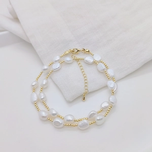Double-layer Baroque freshwater pearl necklace with 18K gold plated beads and lobster clasp