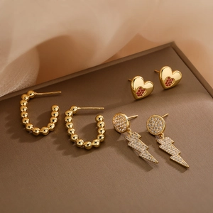 18K Gold Plated Copper Earrings Zircon Heart Lightning Bolt Geometric Beaded For Women Dainty Retro Jewelry