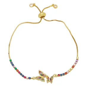 Adjustable golden butterfly bracelet with colorful cubic zirconia and sliding clasp